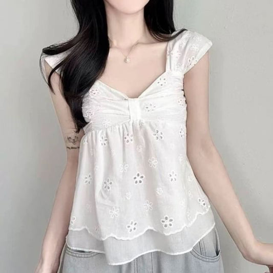 Cap Sleeve V-Neck Perforated Flowy Crop Top