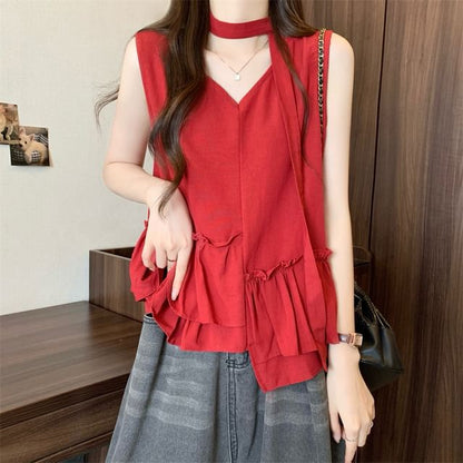 Sleeveless V-Neck Ruffle Asymmetrical Blouse