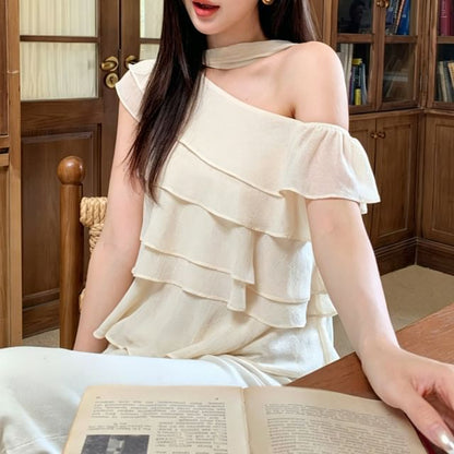 One Shoulder Ruffle Asymmetrical Solid Blouse