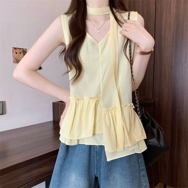 Sleeveless V-Neck Ruffle Asymmetrical Blouse