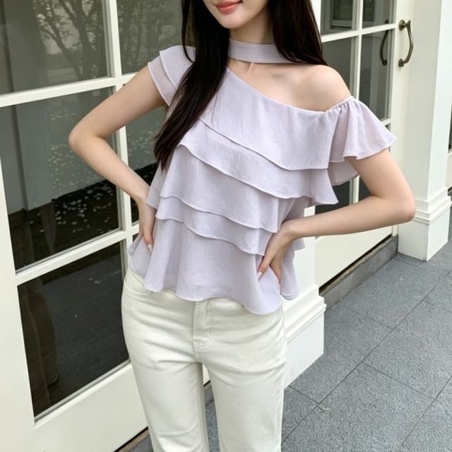 One Shoulder Ruffle Asymmetrical Solid Blouse