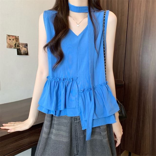 Sleeveless V-Neck Ruffle Asymmetrical Blouse
