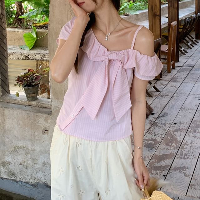 Cold Shoulder Striped Bow Short Sleeve Blouse
