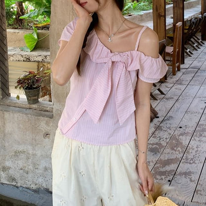 Cold Shoulder Striped Bow Short Sleeve Blouse