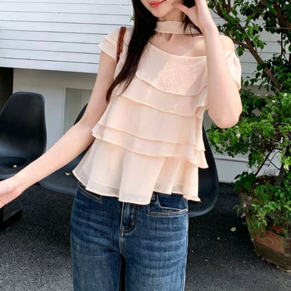 One Shoulder Ruffle Asymmetrical Solid Blouse