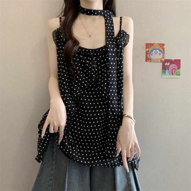 Two Piece Set: Polka Dot Ruffle Camisole and Thin Scarf