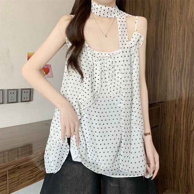 Two Piece Set: Polka Dot Ruffle Camisole and Thin Scarf