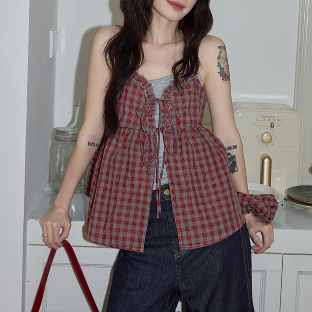 Two Piece Set: Cropped Halter Top and Gingham Ruffle Camisole