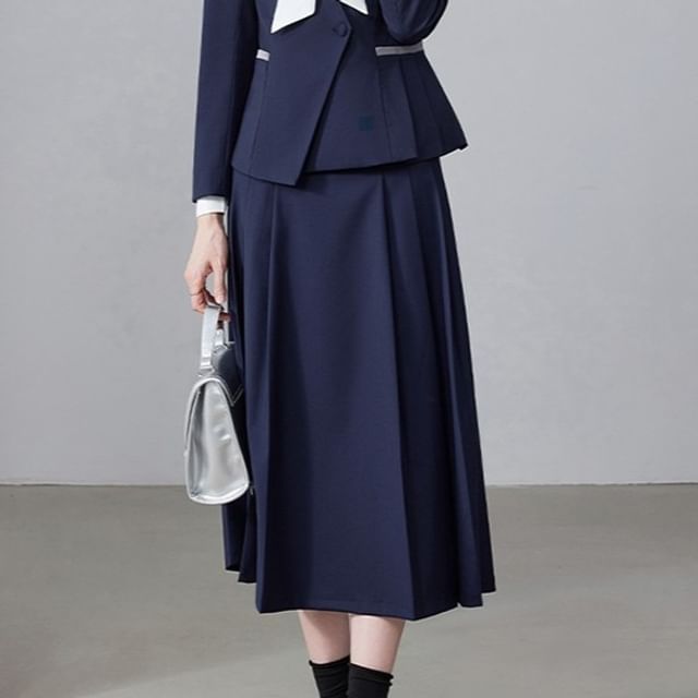 Tie-Neck Plain Blouse / Plain Asymmetrical Blazer / High Waist Pleated Midi A-Line Skirt