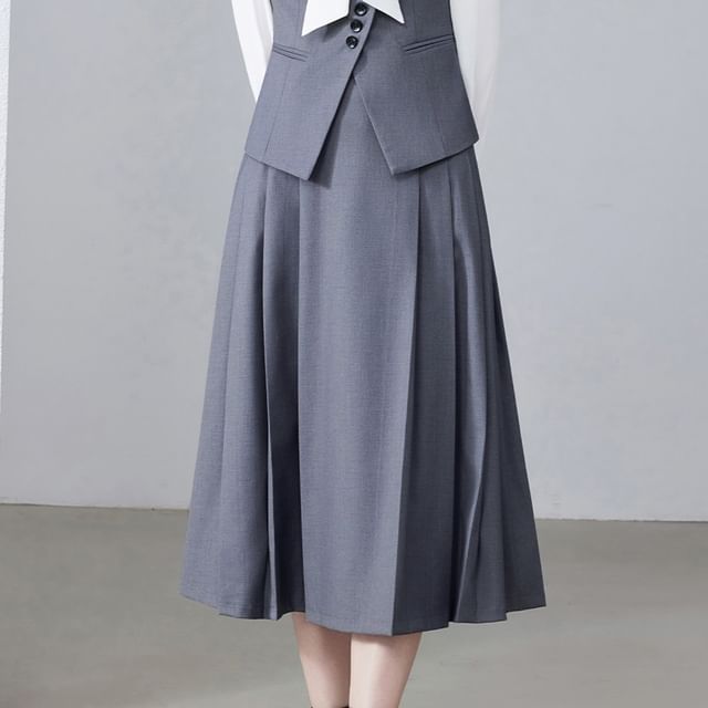 Tie-Neck Plain Blouse / Plain Asymmetrical Blazer / High Waist Pleated Midi A-Line Skirt