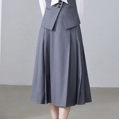 Tie-Neck Plain Blouse / Plain Asymmetrical Blazer / High Waist Pleated Midi A-Line Skirt