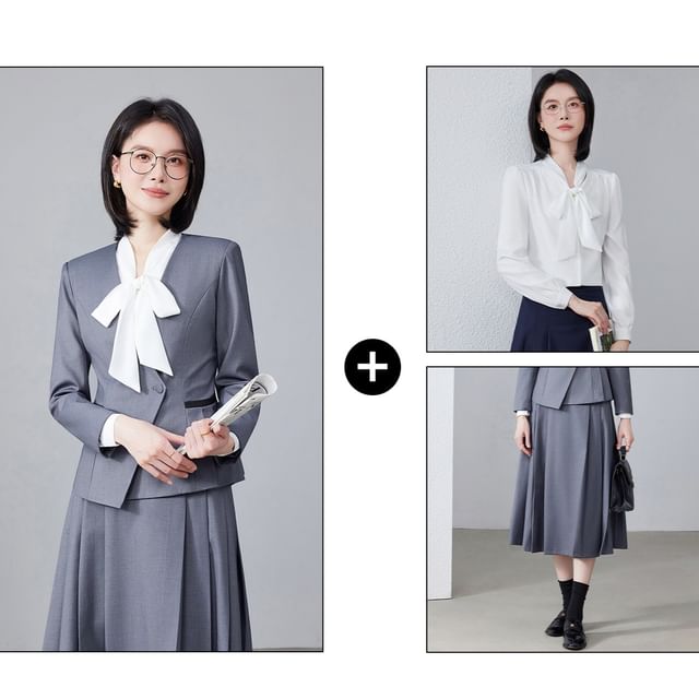 Set: Tie-Neck Plain Blouse + Plain Asymmetrical Blazer + High Waist Pleated Midi A-Line Skirt