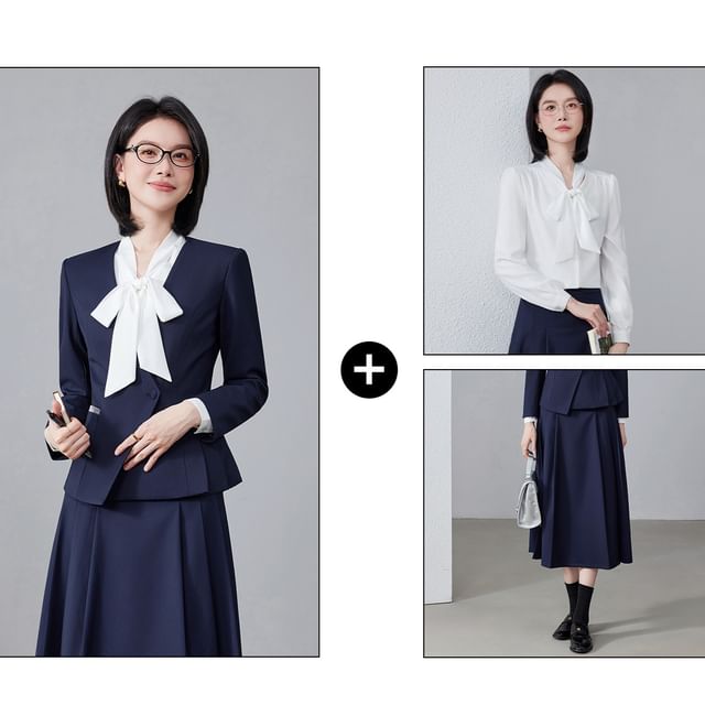 Set: Tie-Neck Plain Blouse + Plain Asymmetrical Blazer + High Waist Pleated Midi A-Line Skirt