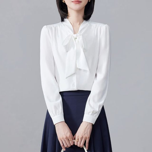 Tie-Neck Plain Blouse / Plain Asymmetrical Blazer / High Waist Pleated Midi A-Line Skirt