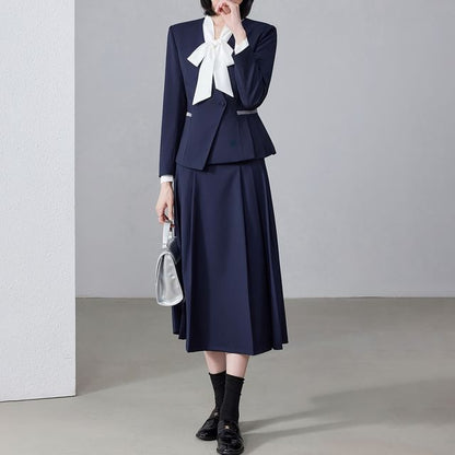 Set: Tie-Neck Plain Blouse + Plain Asymmetrical Blazer + High Waist Pleated Midi A-Line Skirt