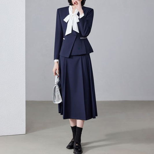 Set: Tie-Neck Plain Blouse + Plain Asymmetrical Blazer + High Waist Pleated Midi A-Line Skirt