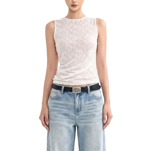 Sleeveless Crew Neck Plain Lace Top