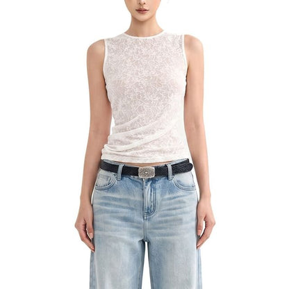 Sleeveless Crew Neck Plain Lace Top