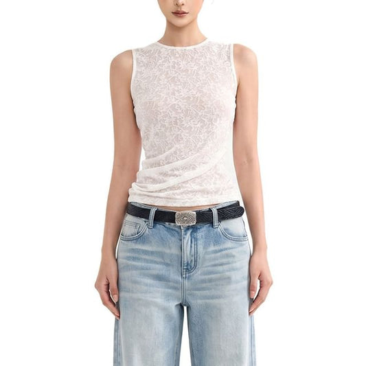 Sleeveless Crew Neck Plain Lace Top