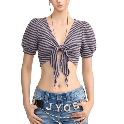 Short Sleeve V-Neck Striped Tie Front Crop Top