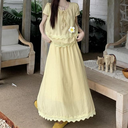 Lace Trim Round Neck Blouse & Maxi A-Line Skirt