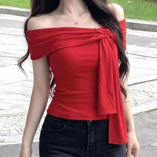 Off Shoulder Tie Front Short Sleeve Tee