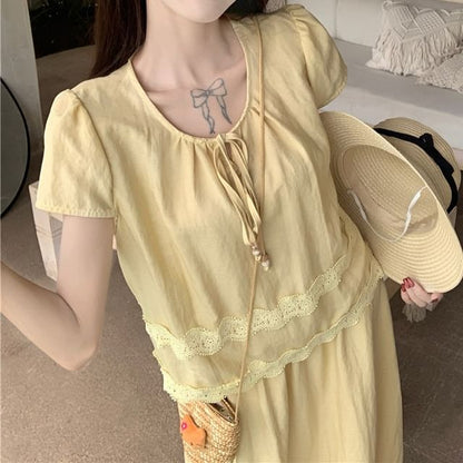 Lace Trim Round Neck Blouse & Maxi A-Line Skirt