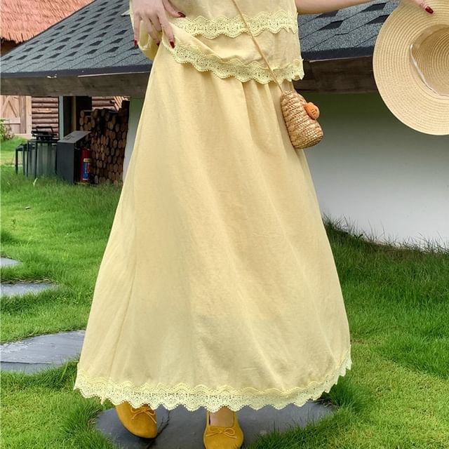 Lace Trim Round Neck Blouse & Maxi A-Line Skirt