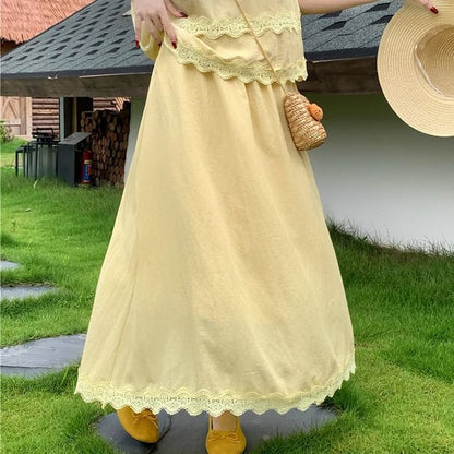 Lace Trim Round Neck Blouse & Maxi A-Line Skirt