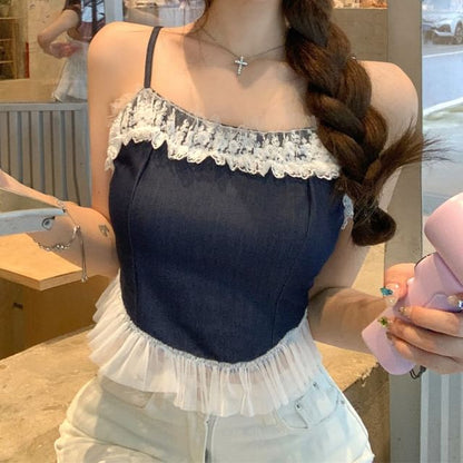 Lace Trim Crop Camisole & Mini A-Line Dress Set