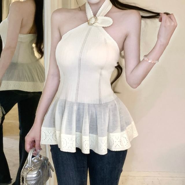 Sheer Panel Knit Halter Neck Camisole Top
