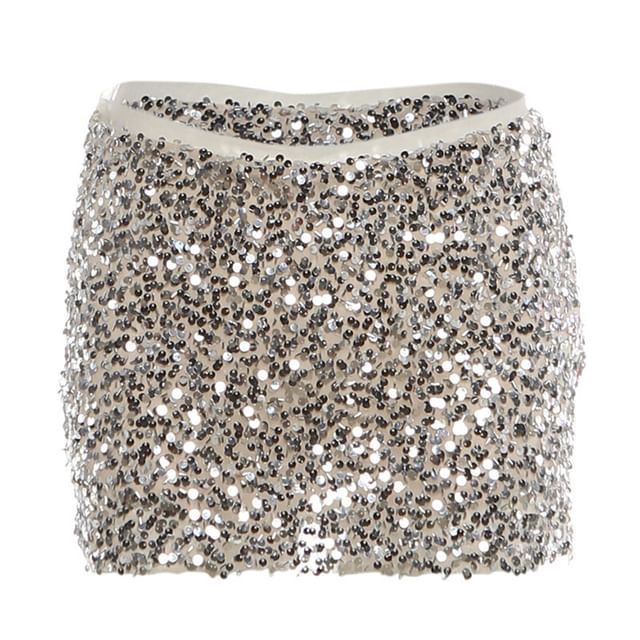 Plain Fringe Crop Halter Top & Sequin Mesh Mini Pencil Skirt