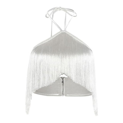 Plain Fringe Crop Halter Top & Sequin Mesh Mini Pencil Skirt