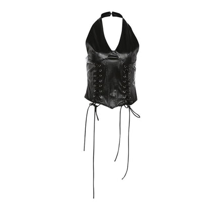 Lace Up Faux Leather Halter Top & Low Rise Shorts
