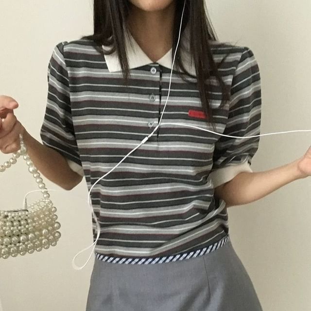 Short-Sleeve Striped Contrast Trim Polo Shirt