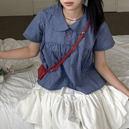 Short-Sleeve Peter Pan Collar Plaid Blouse