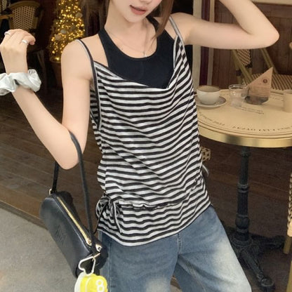 Halter Neck Plain Racerback Crop Top / Cowl Neck Striped Drawstring Waist Camisole Top