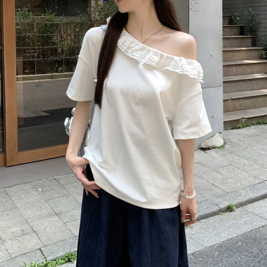 Short-Sleeve Off-Shoulder Plain Ruffle Trim T-Shirt