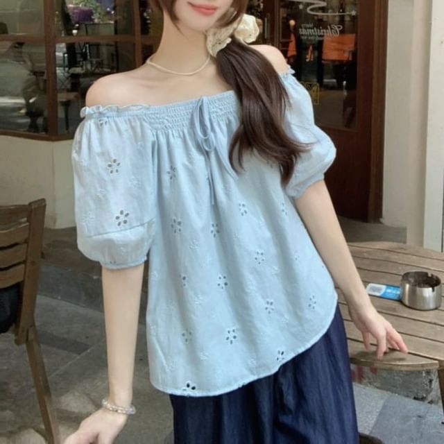 Puff-Sleeve Off-Shoulder Frill Trim Embroidered Eyelet Blouse