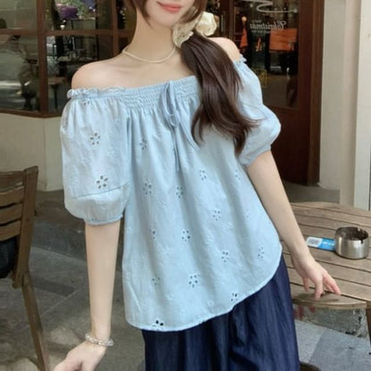 Puff-Sleeve Off-Shoulder Frill Trim Embroidered Eyelet Blouse
