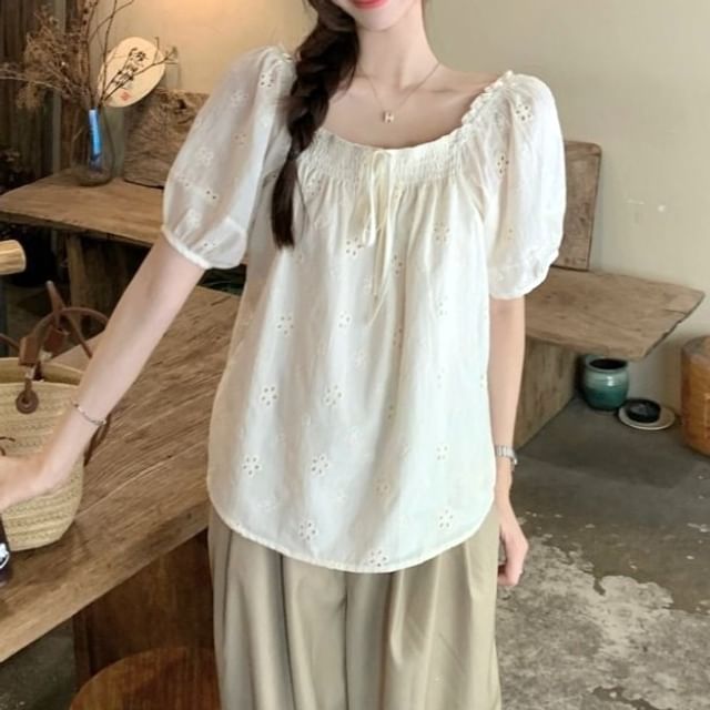 Puff-Sleeve Off-Shoulder Frill Trim Embroidered Eyelet Blouse