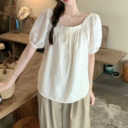 Puff-Sleeve Off-Shoulder Frill Trim Embroidered Eyelet Blouse