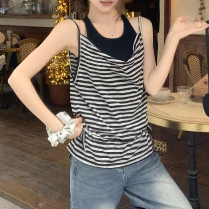Halter Neck Plain Racerback Crop Top / Cowl Neck Striped Drawstring Waist Camisole Top