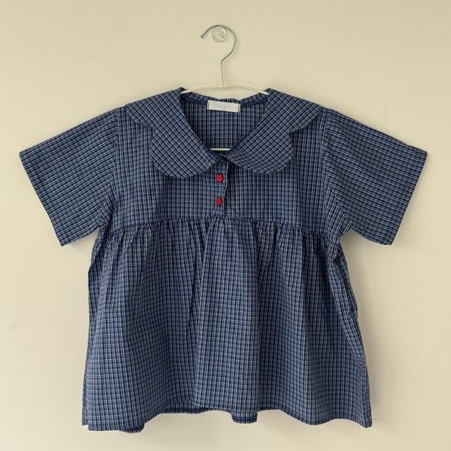 Short-Sleeve Peter Pan Collar Plaid Blouse