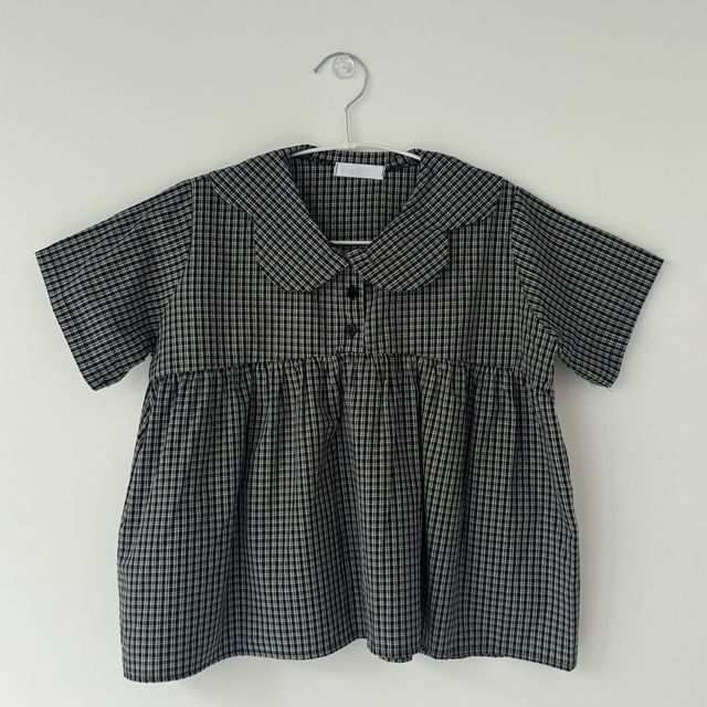 Short-Sleeve Peter Pan Collar Plaid Blouse