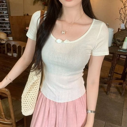 Short-Sleeve Scoop Neck Plain Slim Fit T-Shirt