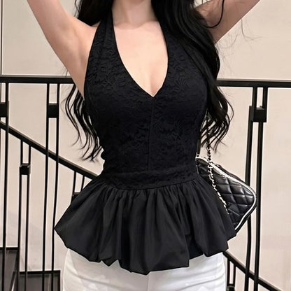 Halter V-Neck Lace Panel Bubble Blouse