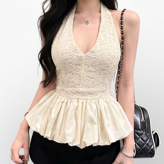 Halter V-Neck Lace Panel Bubble Blouse
