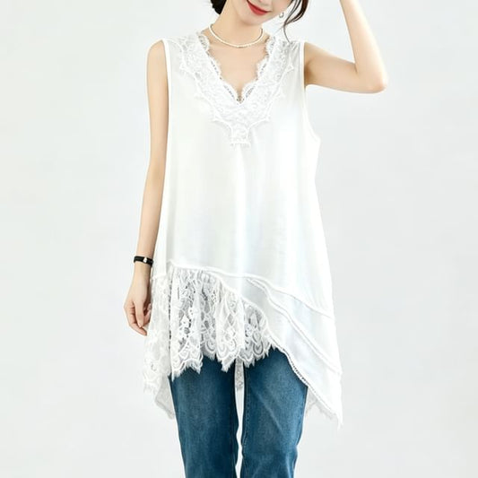 Sleeveless V-Neck Plain Asymmetrical Panel Lace Tunic