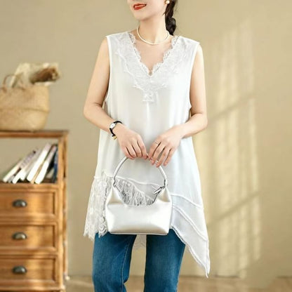 Sleeveless V-Neck Plain Asymmetrical Panel Lace Tunic